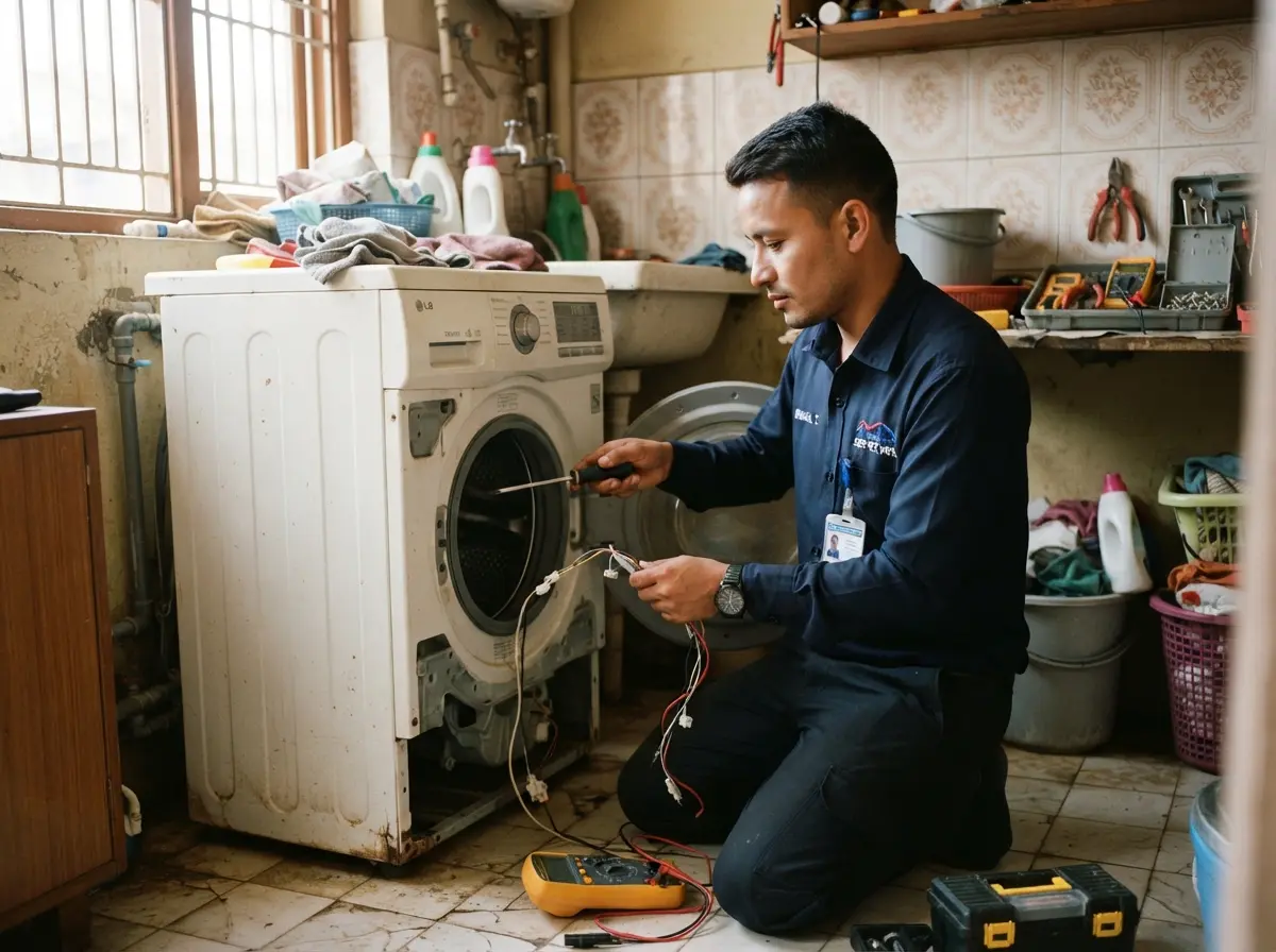 Technician repairing an LG front-load washing machine at a home in Kathmandu