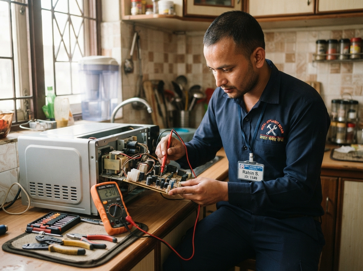 Certified technician testing a microwave oven control board with a multimeter in a Kathmandu kitchen