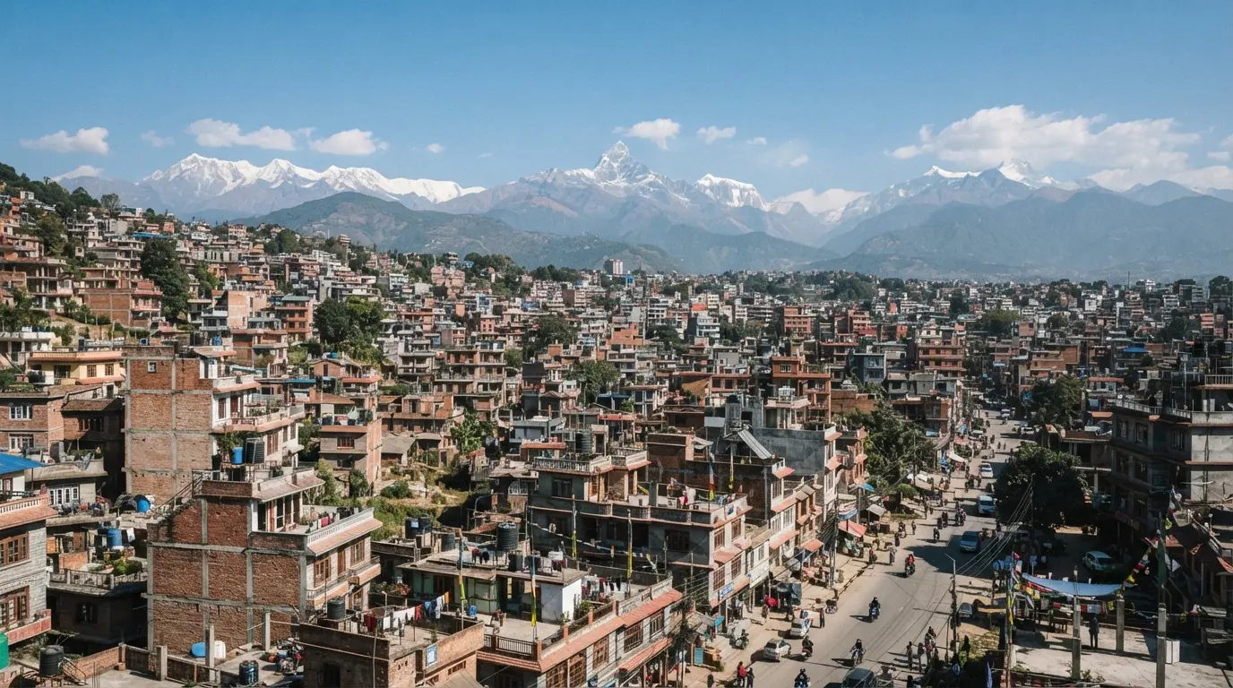 Kathmandu city rooftops with the Himalaya in the distance