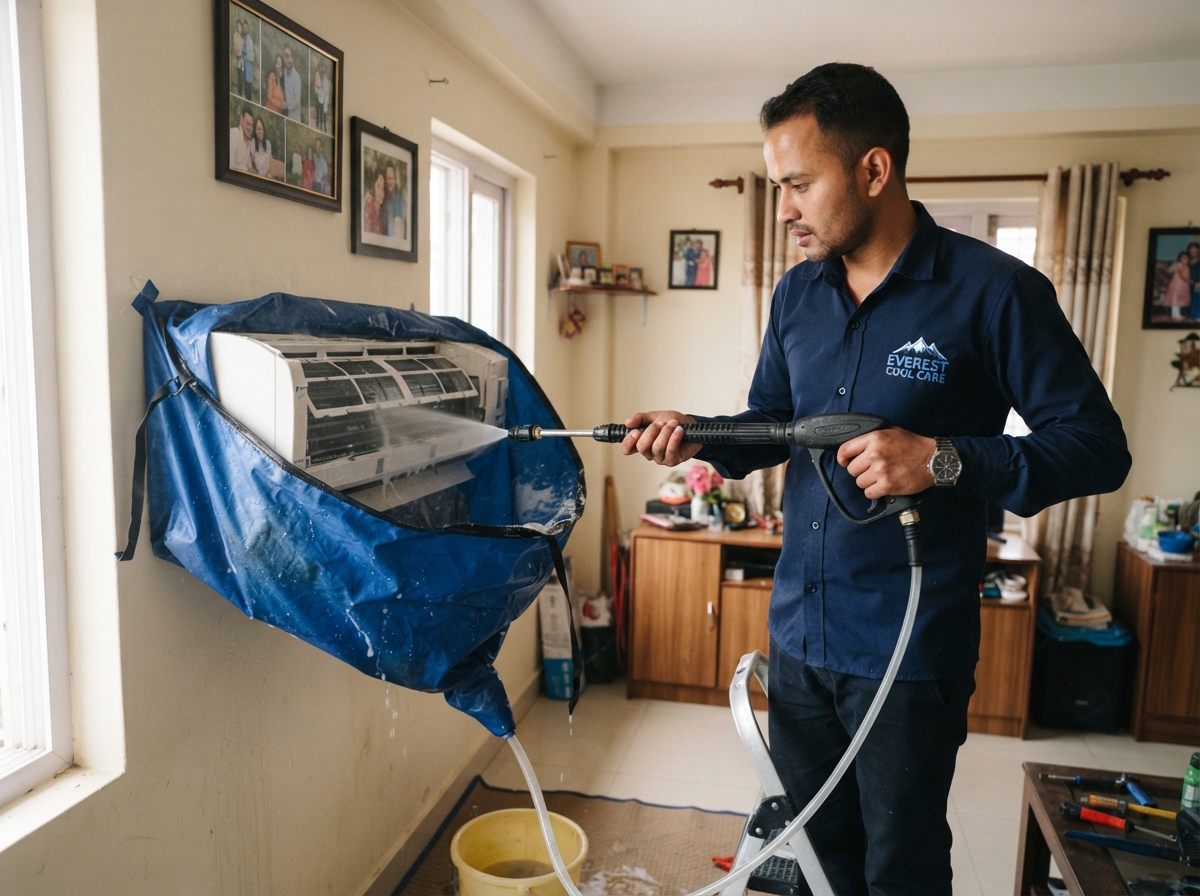 Technician jet-washing an indoor split AC unit using a waterproof catchment bag inside a Kathmandu home