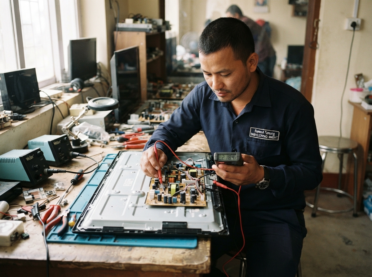 Bikash Tamang, electrical and microwave electronics lead, testing a television power board