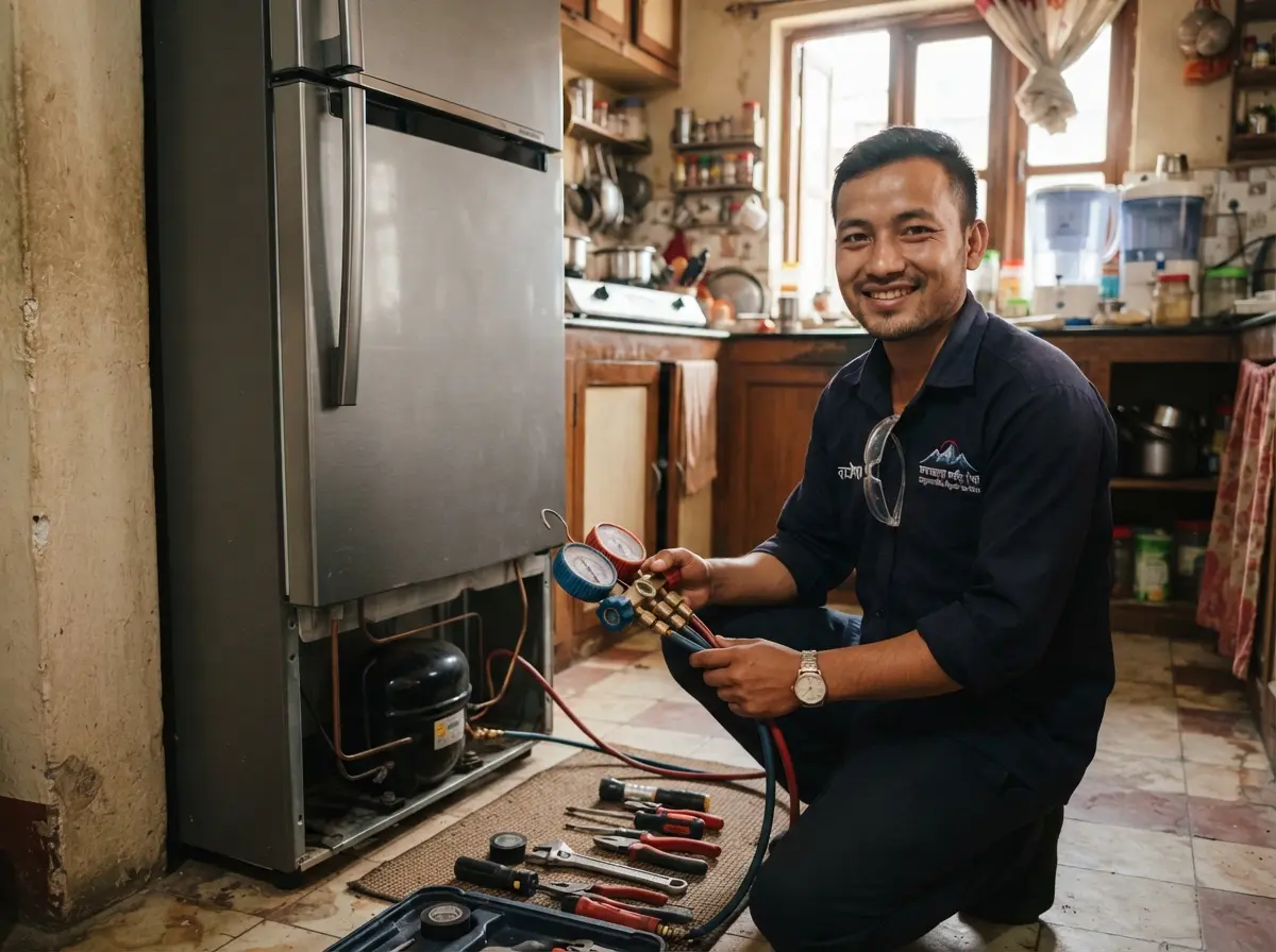 Sunil Shrestha, senior refrigeration and HVAC technician, checking a fridge compressor