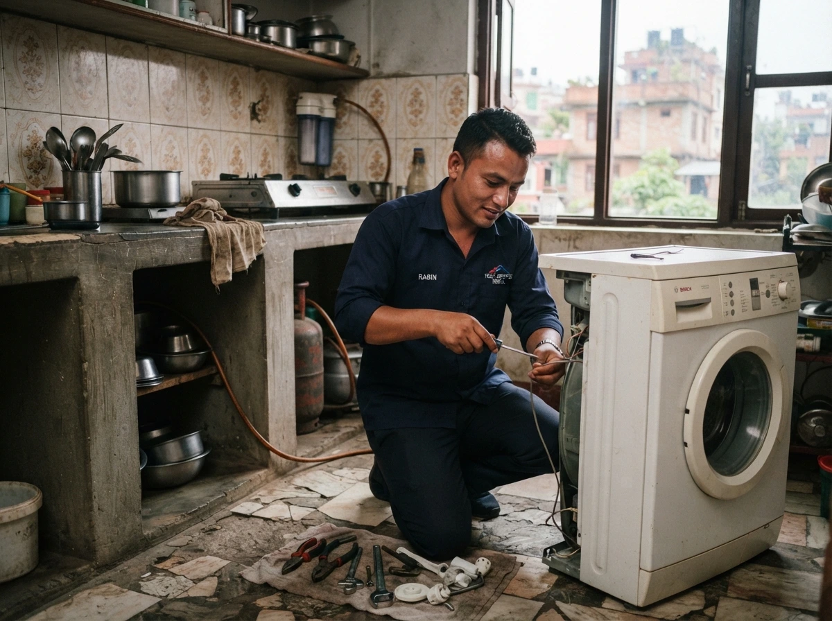Authorized Service Center technician repairing a front-load washing machine in a Kathmandu home kitchen