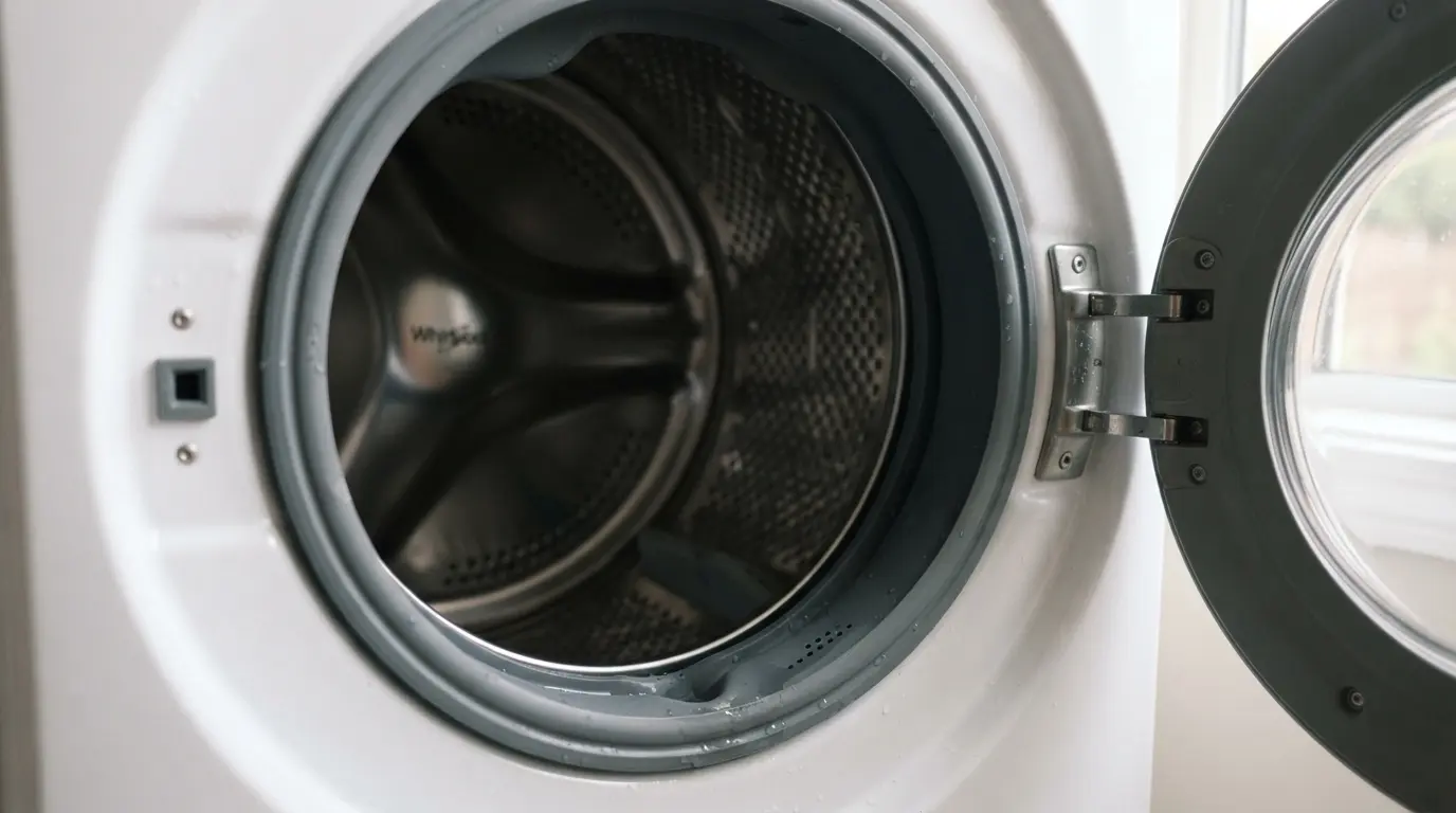 Close-up of a front-load washing machine drum and door seal