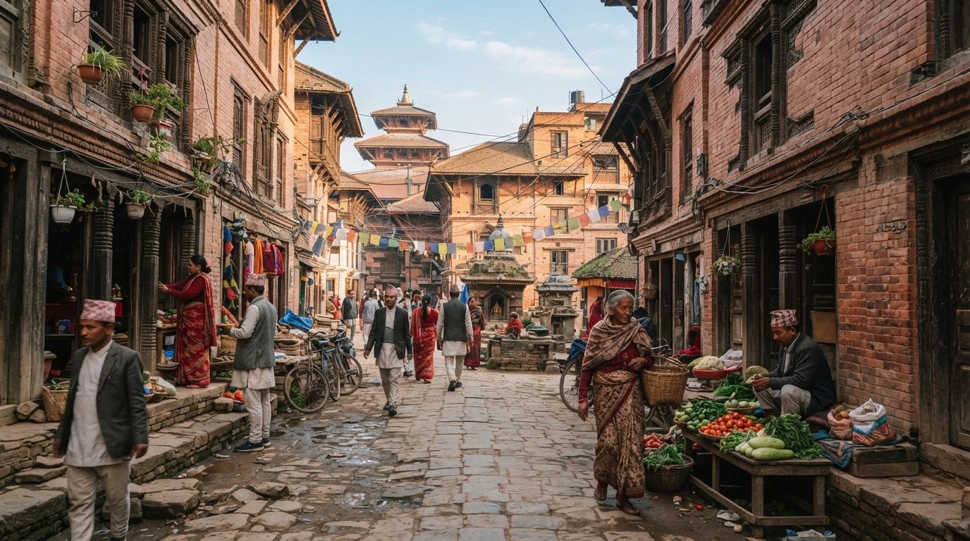 Heritage brick street and temple square in Bhaktapur